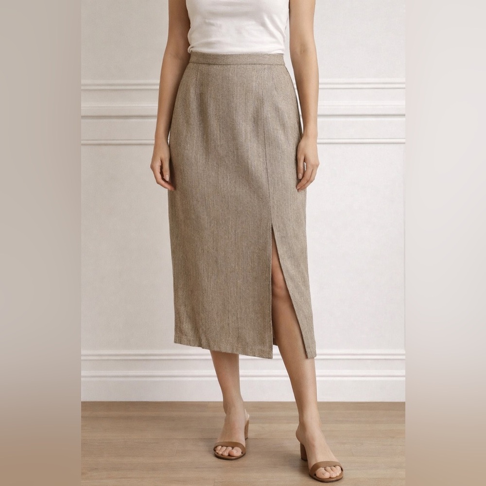 Tina Hagen Women’s Vintage Maxi Skirt Neutral Slit Minimalist Preppy Academia